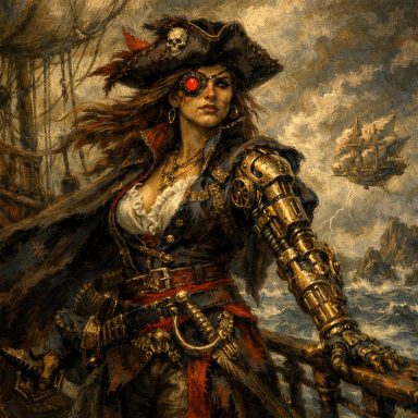 Female pirate with an eye patch and metal arm, standing on a ship with a sailing vessel in the background.