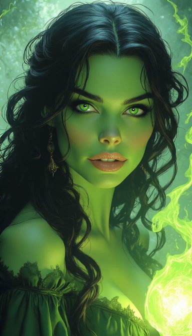 Hexfire A mystical woman with long black hair, glowing green skin, and enchanting green energy.