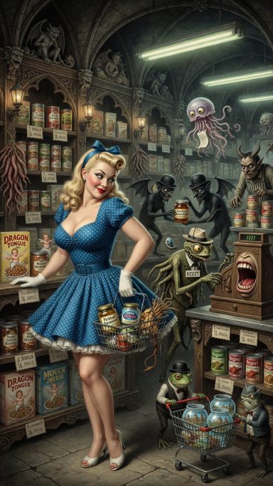 Arcane A vintage-style woman in a blue dress stands in a whimsical pantry filled with creatures and jars.