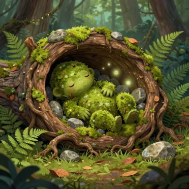 A small, green creature peacefully sleeps in a mossy nest surrounded by ferns and stones.