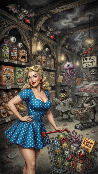 Sinister A retro-styled woman in a blue dress stands by a shopping cart in a quirky, eerie shop.