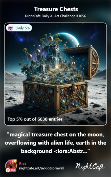 Oasis A treasure chest on the moon, overflowing with jewels and an alien landscape behind.