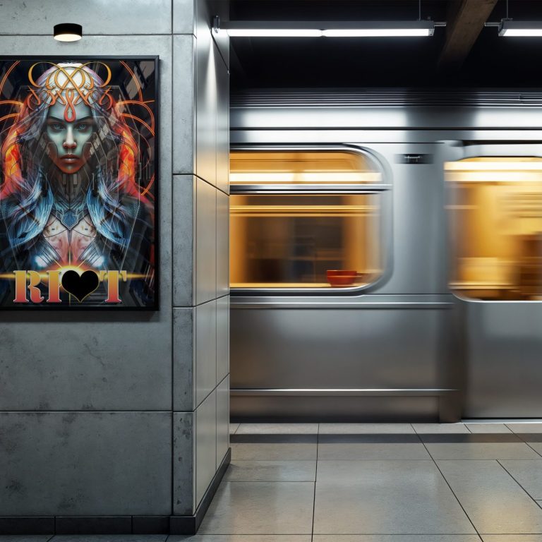 A vibrant mural of a woman in a subway station with a moving train.