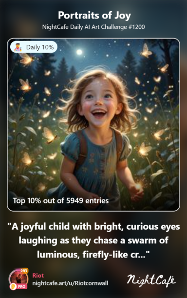 Radiance A joyful child with bright eyes laughs while chasing glowing, firefly-like creatures.