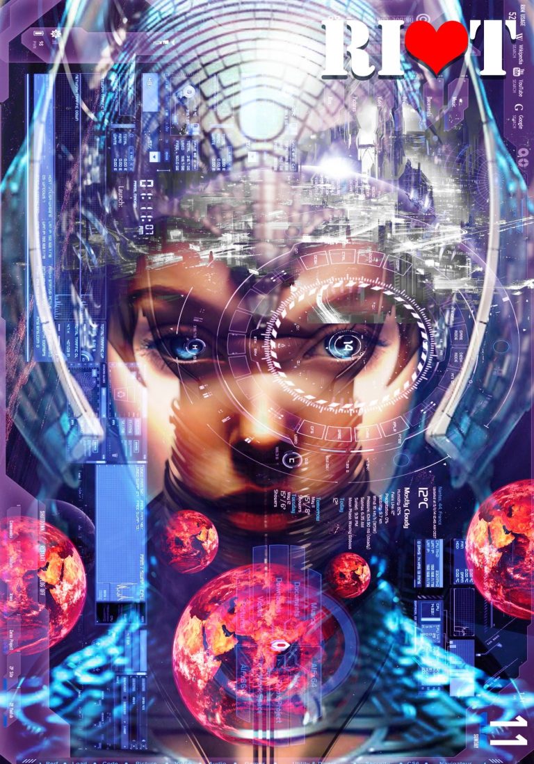 A futuristic woman with mechanical elements and a dark red splatter background.