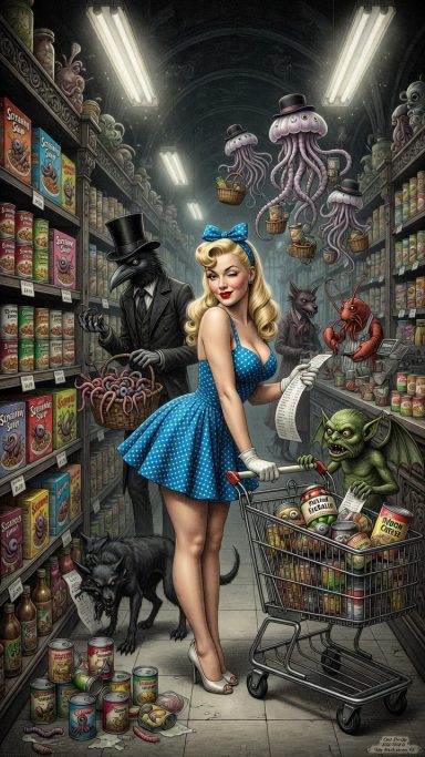 Chimerical A woman in a blue dress pushes a shopping cart surrounded by quirky characters in a grocery aisle.