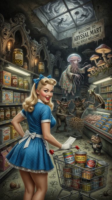 Macabre Vintage-style girl in blue dress shopping in a quirky, surreal grocery store.