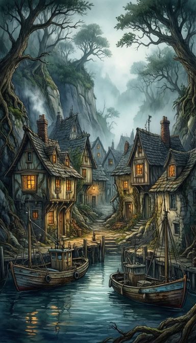 A serene village by a river, showcasing quaint houses and small boats under a misty sky.