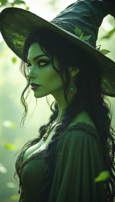 Wild Hex A mysterious green-skinned witch wearing a wide-brimmed hat and flowing attire.