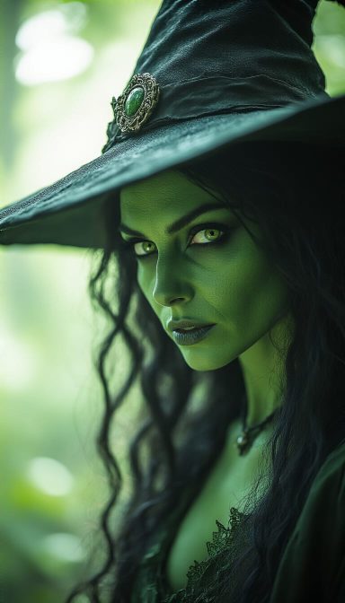 Witchlight A woman with green skin and long dark hair wears a black witch's hat in a forest setting.