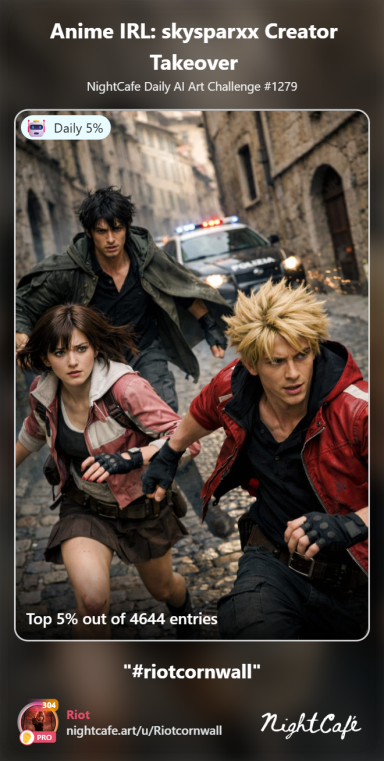 Pursuit Three characters in a narrow, cobbled street with urban scenery, two holding gear and looking determined.