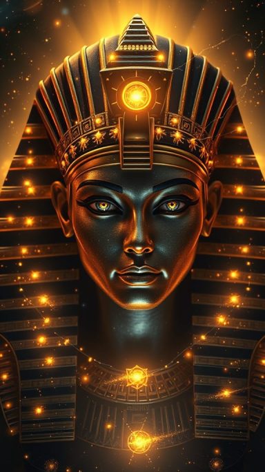 A detailed sculpture of a pharaoh’s head, adorned with glowing golden elements.