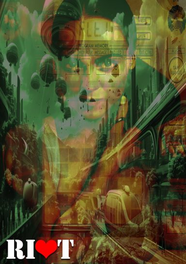 A surreal artwork featuring a woman's face blended with vibrant, abstract elements.