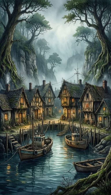 A foggy, enchanted village by a river, featuring rustic houses and moored boats.
