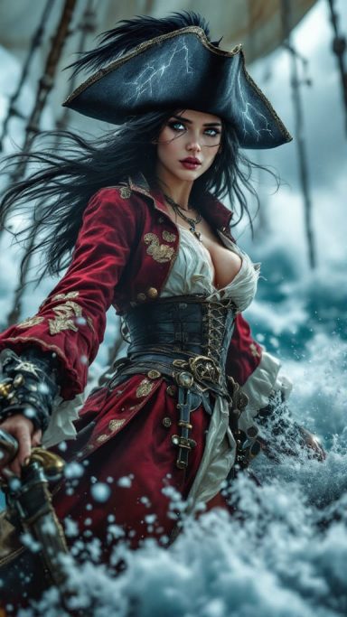 Stormbreaker A fierce pirate woman in a red coat, standing amidst crashing waves.