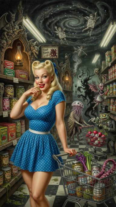 Void A glamorous woman in a blue dress poses in a whimsical, vintage-style grocery store.