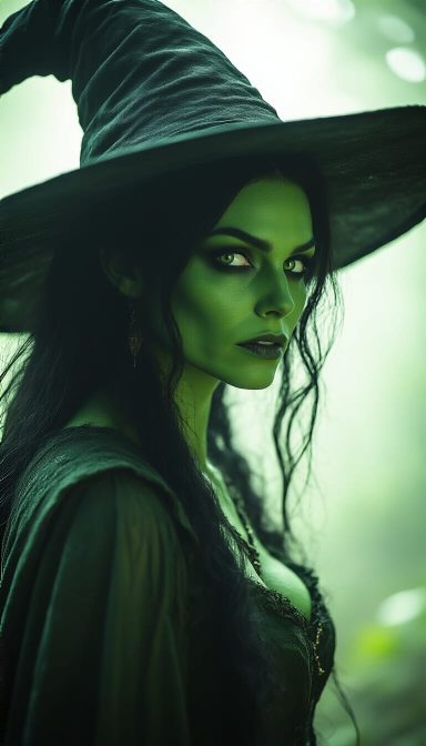 Silent Hex A green-skinned witch wearing a large black hat, with long dark hair and an intense gaze.