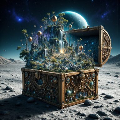 A treasure chest reveals a vibrant, miniature landscape on a lunar surface.