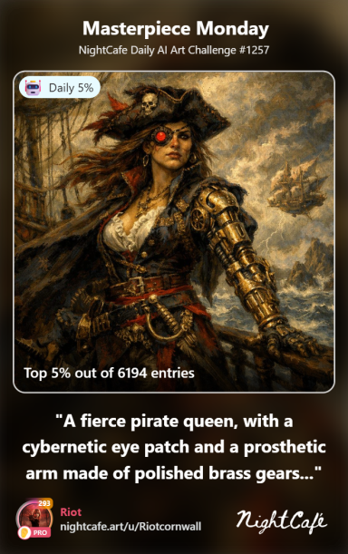 Sovereign A fierce pirate queen with a cybernetic eye patch and a brass prosthetic arm.