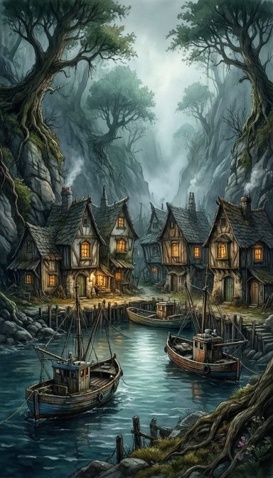 A tranquil village with illuminated houses by a serene river, surrounded by tall trees and cliffs.