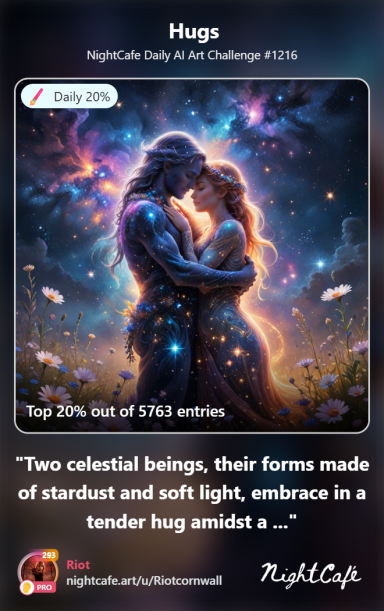 Eternity Two ethereal beings, made of stardust, embrace in a cosmic setting filled with light.