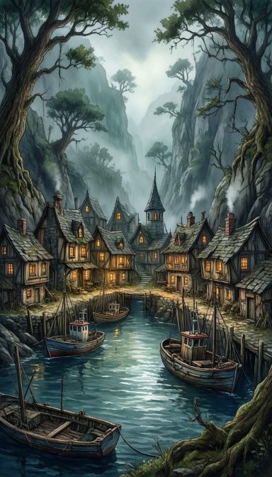 A mysterious village by a river, surrounded by trees, with lit windows and boats.