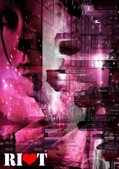 Abstract composition featuring a woman's face, vibrant pink tones, and digital elements.