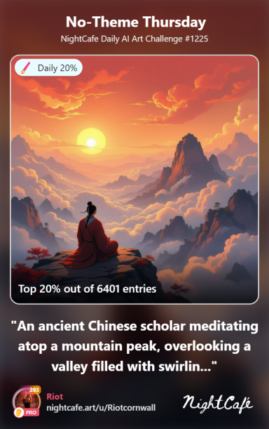 Serenity An ancient scholar meditates on a mountain peak, overlooking a serene valley.