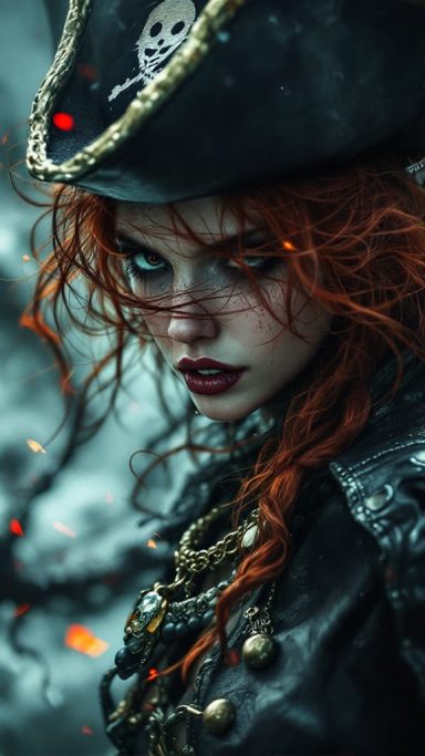 Deadeye Portrait of a fierce pirate woman with red hair and a skull-adorned hat.