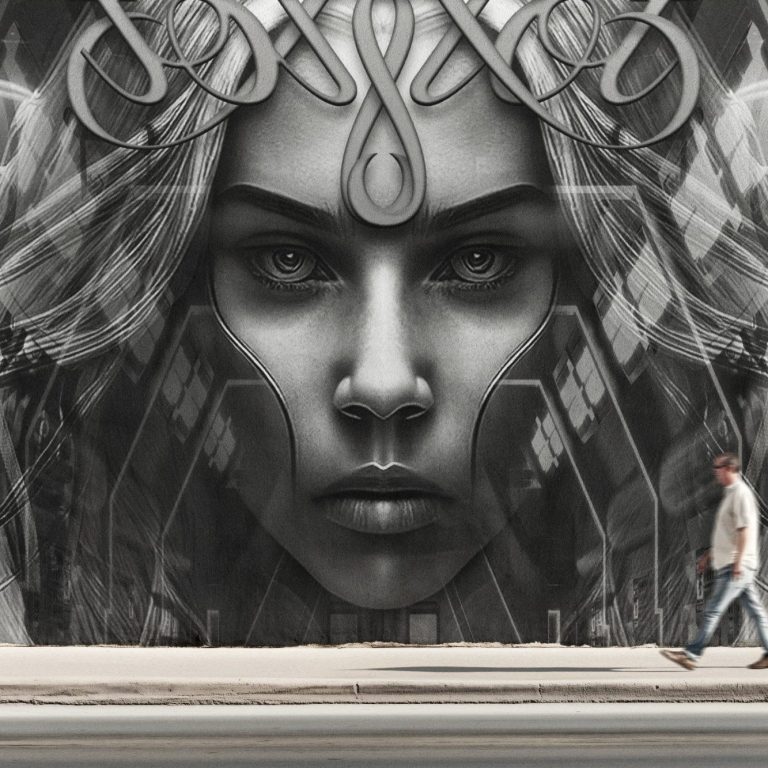 A large black and white mural of a woman's face with intricate patterns.