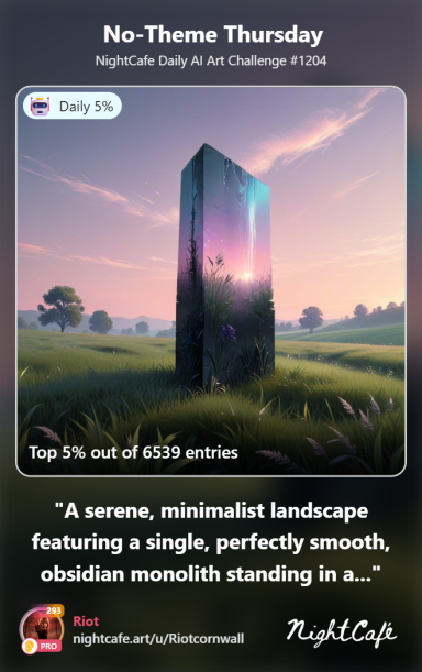Enigma A serene landscape with a smooth, black monolith among soft green grass and distant trees.