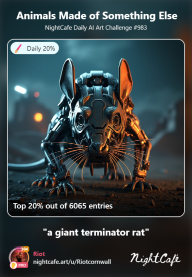 Sentinel A futuristic robot rat with mechanical features in a dark, stylised setting.