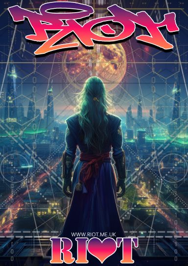 A figure in a dramatic pose overlooks a futuristic cityscape at night.