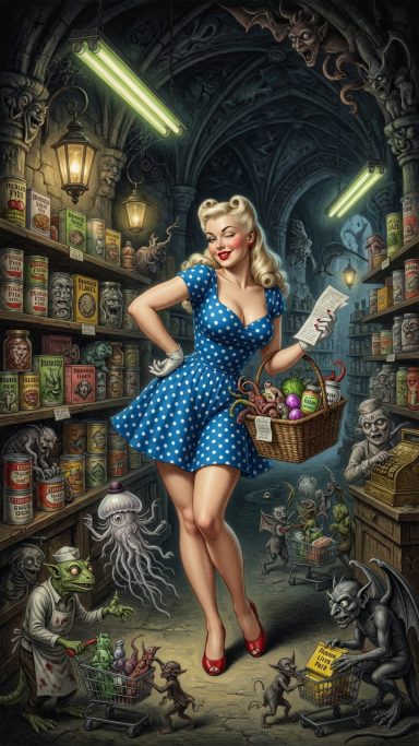 Bizarre A stylish woman in a polka-dot dress holds a basket in a dark, cluttered apothecary.