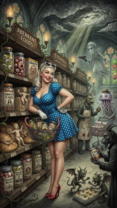Woman in a blue dress holds a basket in a dimly lit, eerie apothecary filled with jars.