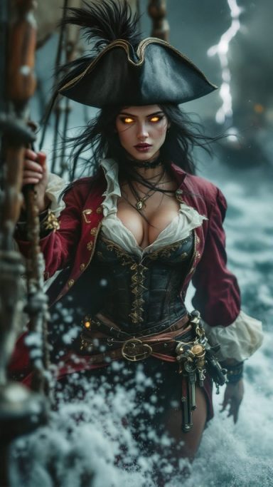 Storm Queen Female pirate with glowing eyes, dressed in a red coat, stands on a ship in a stormy sea.