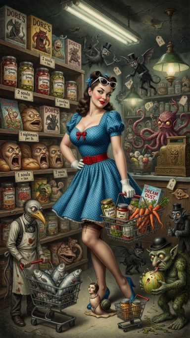 Ghoulish A woman in a blue dress stands in a quirky shop filled with unusual merchandise.