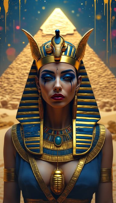 A regal woman in Egyptian attire with a headdress in front of a pyramid.