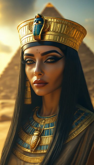 A regal woman in ancient Egyptian attire with a pyramid backdrop.