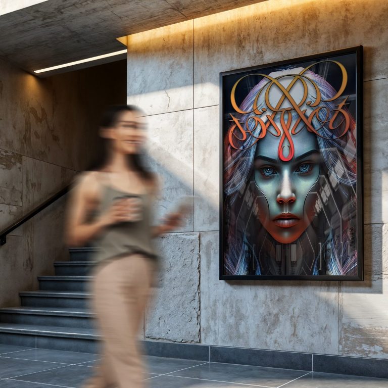 A woman walking past a large art piece featuring a mystical, surreal face.