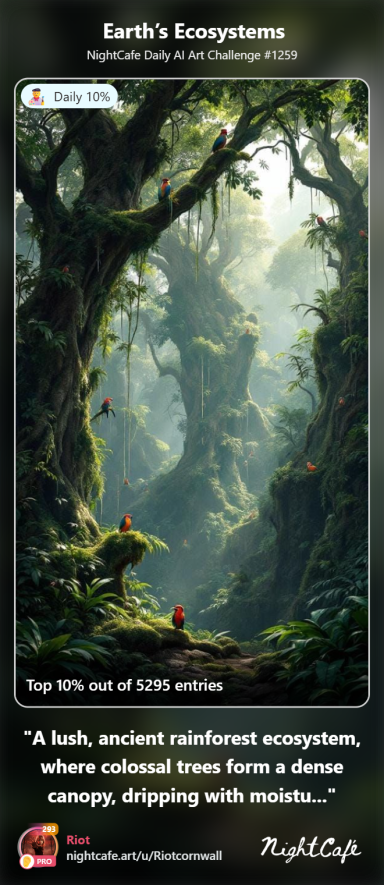 Primeval Lush forest with towering trees, sunlight filtering through a dense canopy.