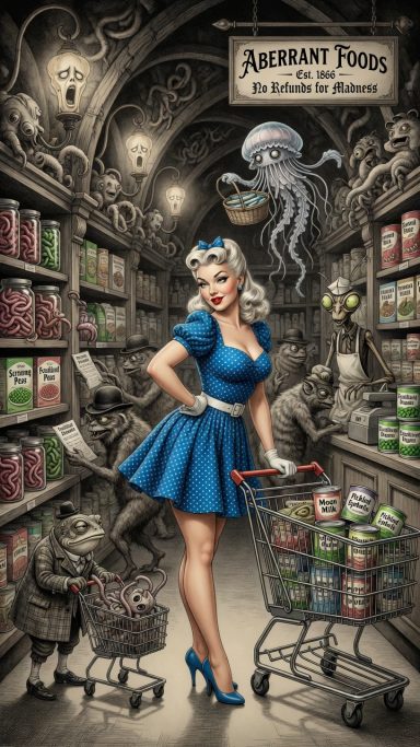 Aberrant A woman in a blue dress shopping in a whimsical store filled with strange creatures.