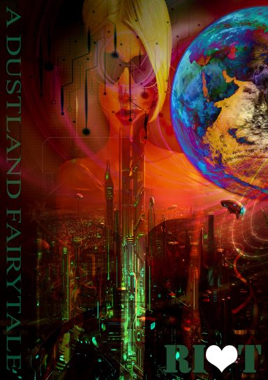A futuristic woman with vibrant colours, set against a fantastical cityscape and planet.