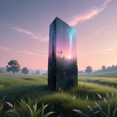 A tall monolith surrounded by grass under a pastel sky at dawn.