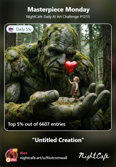 Kindred A giant moss-covered statue hugs a small figure, surrounded by a lush forest.
