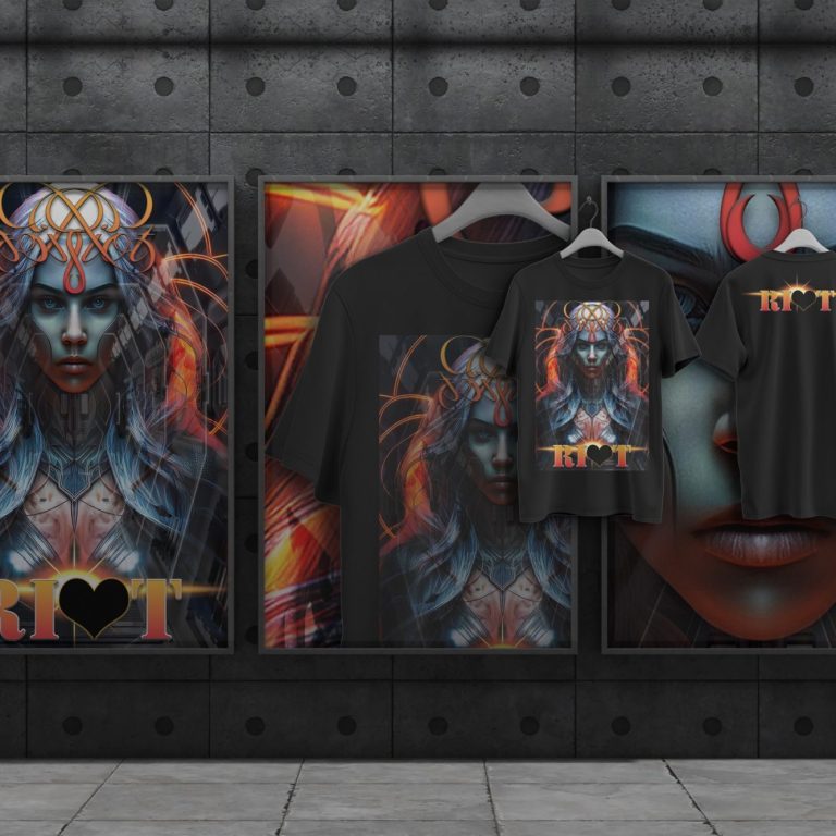 Dark-themed t-shirt featuring a vibrant, artistic depiction of a woman with blue hair and intricate designs.