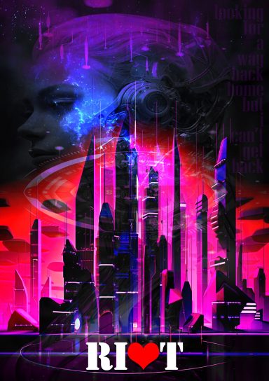 Futuristic cityscape with a woman's face, vibrant colours, and the text "RI♥T" at the bottom.