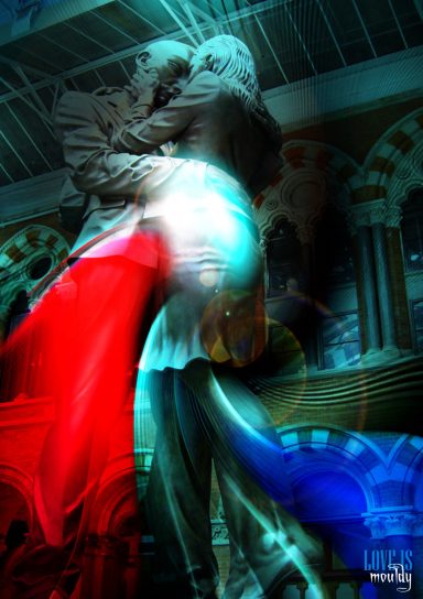 A stylised couple embracing, surrounded by vibrant blue and red hues.