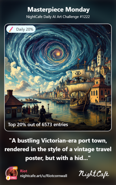 Cosmos A Victorian-era port town under a swirling starry sky, styled like vintage travel art.