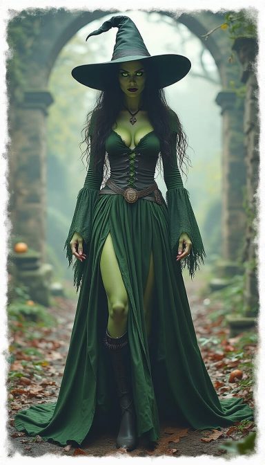 The Enchantress A green-skinned witch in a flowing dark gown and wide-brimmed hat stands in a misty forest.